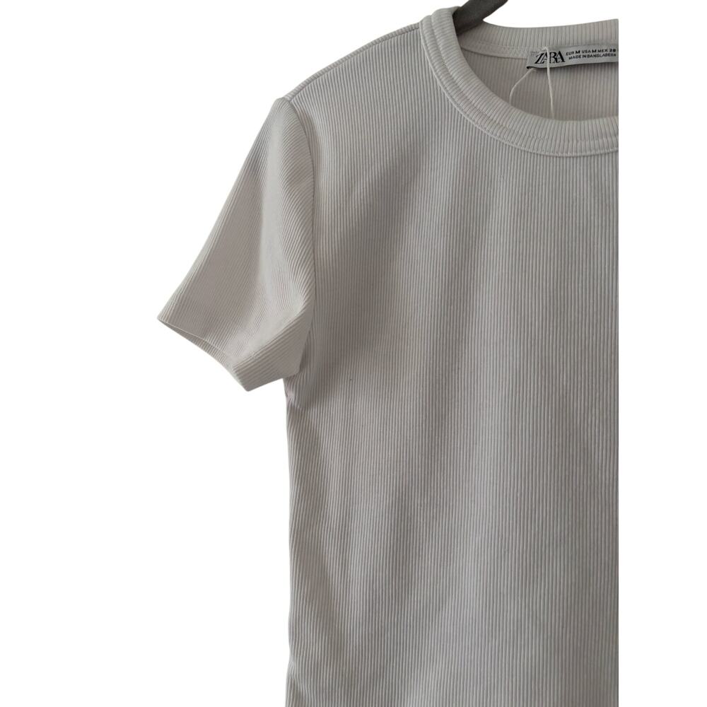 Zara Womens White Ribbed T Shirt Crew Neck Stretch Short Sleeve Size M Basic - Picture 5 of 7